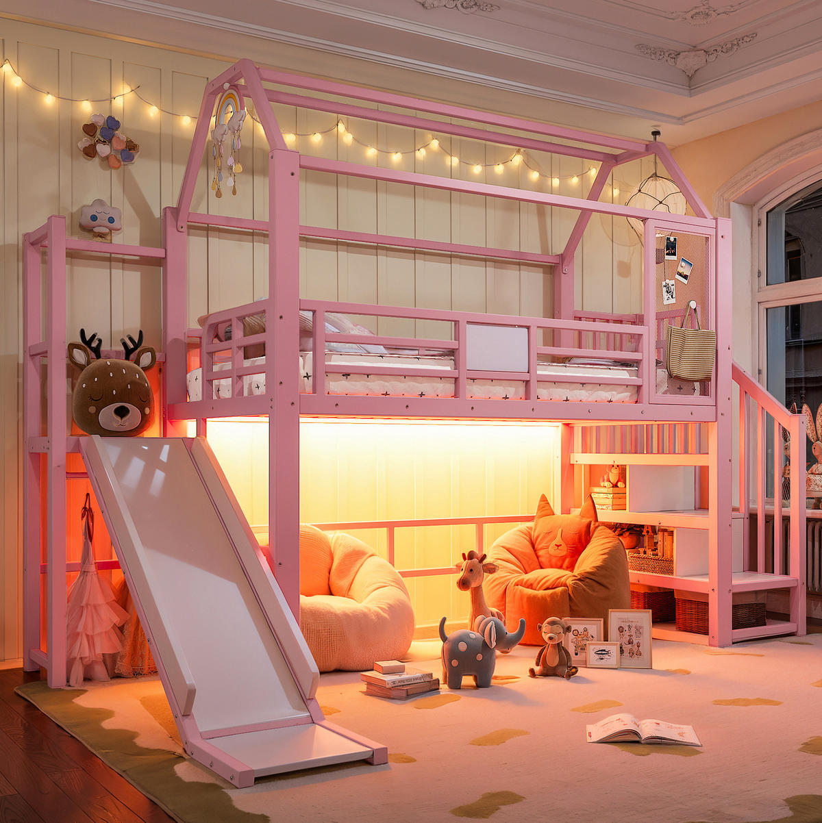 HOCHBETT aus Metall und MDF 90x200 cm Pink mit Rutsche, Stauraumtreppe und Bluetooth-LED-Beleuchtung - Pink, Holzwerkstoff (90/200cm) - IVMEU