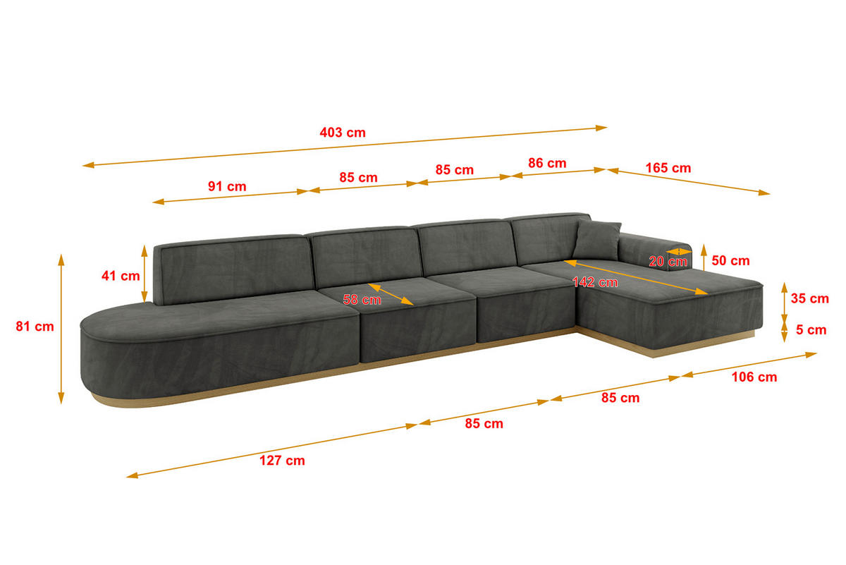 ECKSOFA Ottomane Rechts IREA-L3-v2 - 403x165x81 cm Dunkelgrau - Dunkelgrau, Holzwerkstoff/Textil (403/165cm) - ALTDECOR