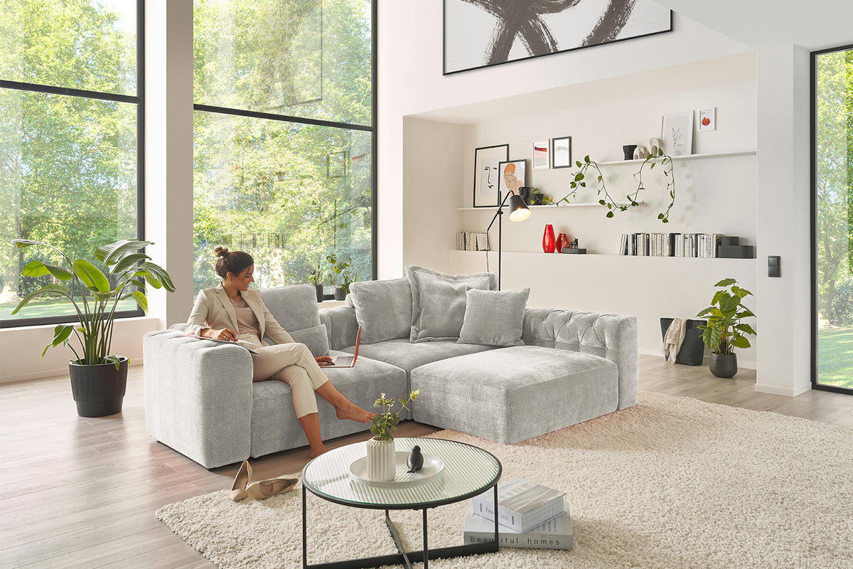 MODULSOFA SEPHI Silber Cord - Silberfarben/Schwarz, Kunststoff/Textil (268/62/191cm) - KAWOLA