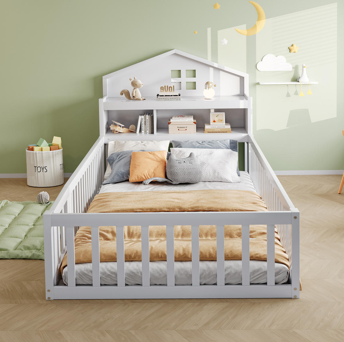 KINDERBETT 90/200 cm in Hausform aus Massivholz mit Stauraum und Schutzgitter - Weiß, Holzwerkstoff (90/200cm) - BEAOK