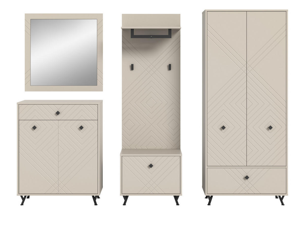GARDEROBE Set 5-teilig Sand matt 250 cm, Garderobenkombination mit Fräsungen - Sandfarben/Beige, Glas/Holzwerkstoff (250/190/35cm) - Inn.Furn