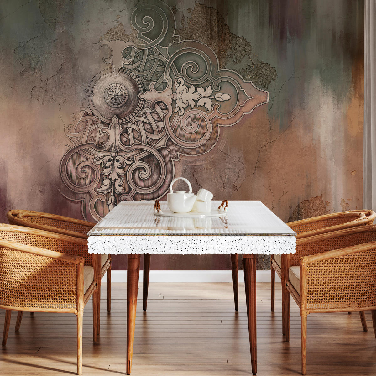 FOTOTAPETE für Esszimmer Retro Ornament Beton Wand Abstraktion 100x70 - Braun, Papier (100/70cm) - Muralo