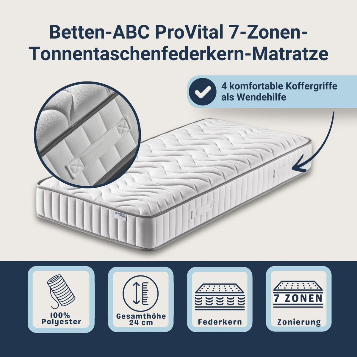 MATRATZE ProVital – Ergonomische 7-Zonen Tonnentaschenfederkernmatratze - Weiß, Holz (120/200cm) - Betten-ABC