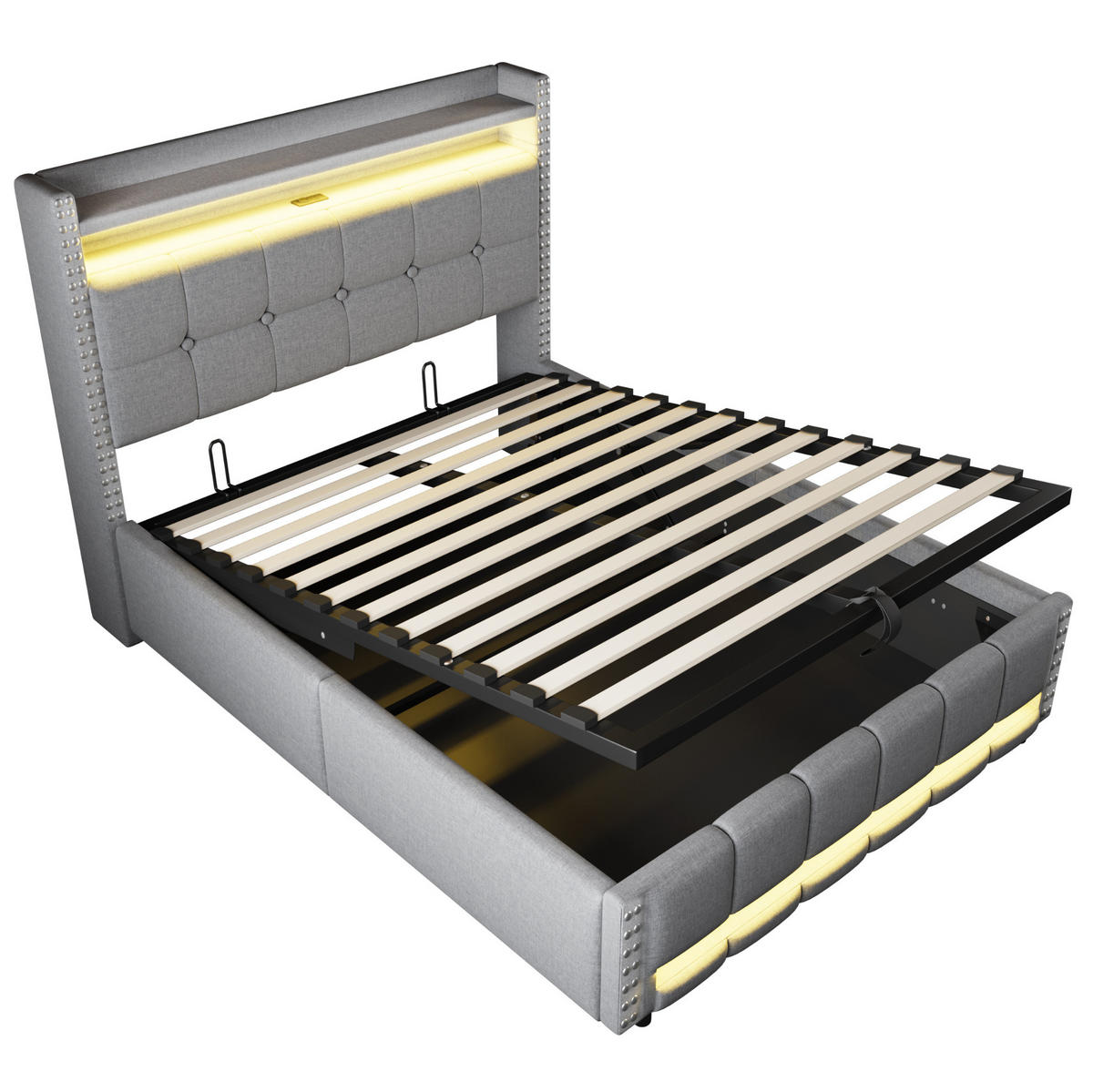 POLSTERBETT mit Stauraum und LED 140x200 cm Leinenstoff Hellgrau - Hellgrau, Metall (140/200cm) - Meubliv