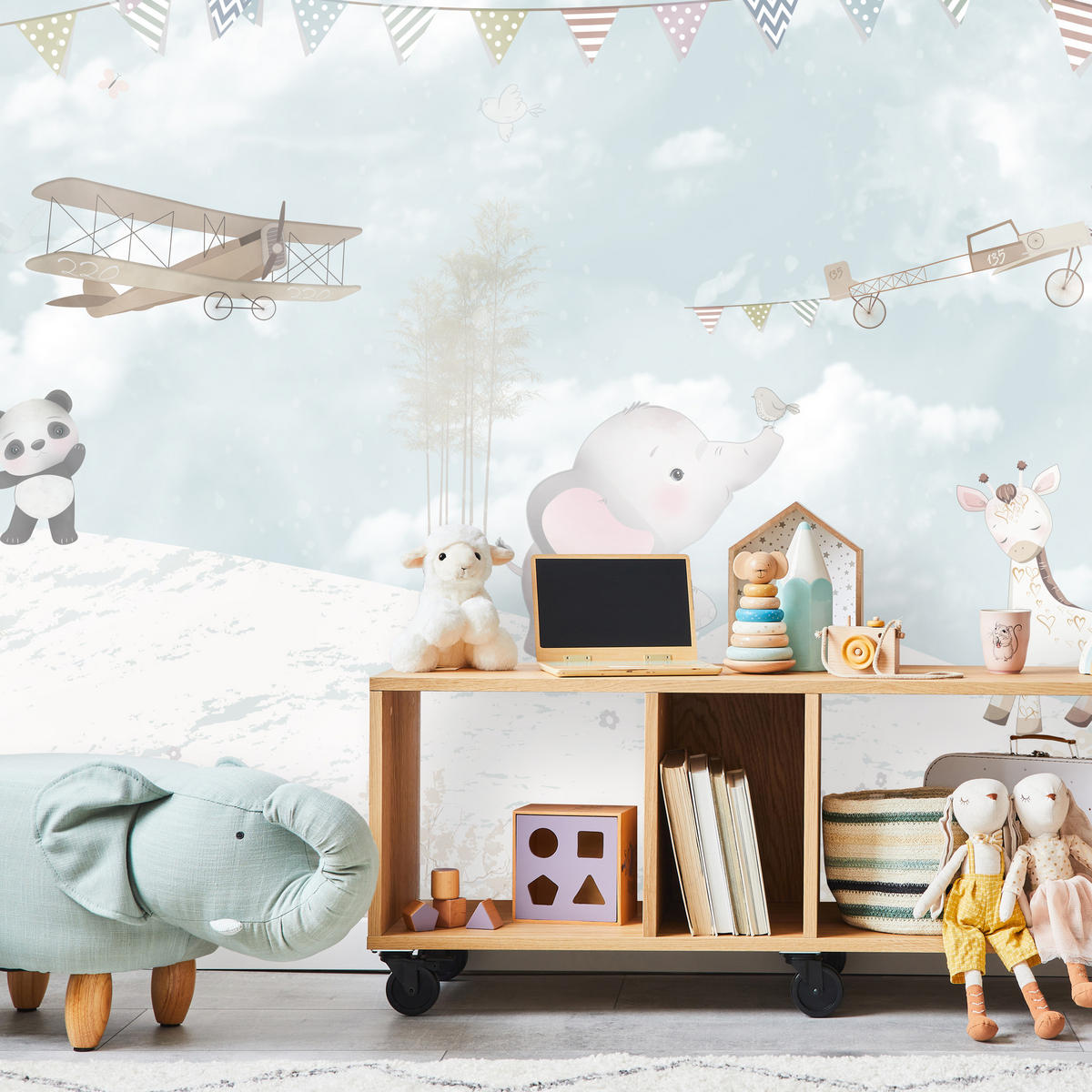 FOTOTAPETE für Kinderzimmer Boho Elefant Panda Giraffe Pflanze Flugzeug 500x350 - Multicolor, Papier (500/350cm) - Muralo