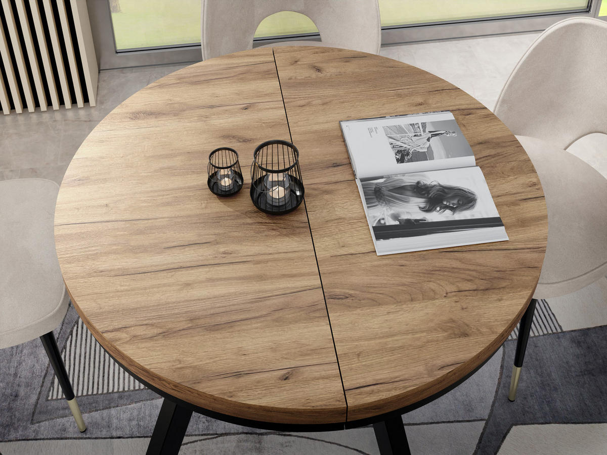 ESSTISCH Lume runder ausziehbarer, Wotan Eiche 100-150/100/76 cm - Eiche Wotan/Schwarz, Holz/Holzwerkstoff (100/100/76cm) - WFL GROUP