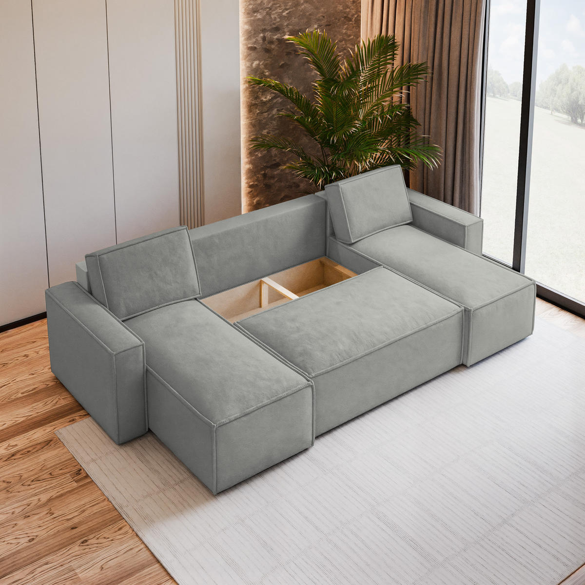 WOHNLANDSCHAFT PESANO M Braun Velours-Stoff mit Schlaffunktion - Braun, Holz (306/85/140cm) - MASSENO