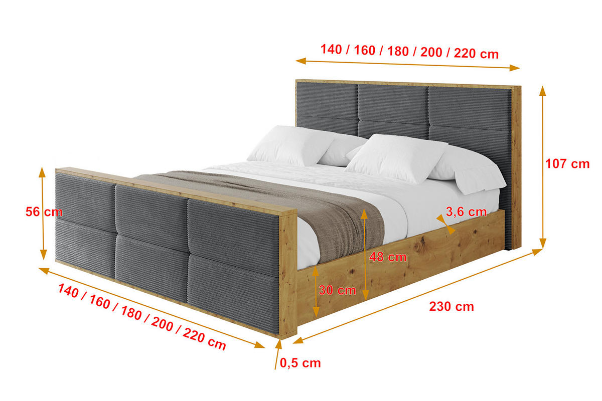 POLSTERBETT mit Bettkasten, Fußteil und Lattenrost, Boxbett mit Matratze H3/H4 - ENZO1-Z 180x200 Dunkelgrau - Anthrazit, Holzwerkstoff/Textil (180/200cm) - ALTDECOR