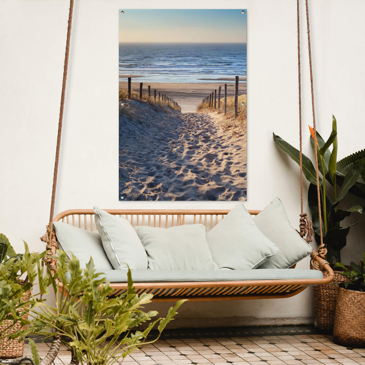 ZAHRADNÍ PLAKÁT Pláž - moře - Nizozemsko - duny - slunce 80x120 cm - písková barva, plast (80/120/0.2cm) - OnlyWow