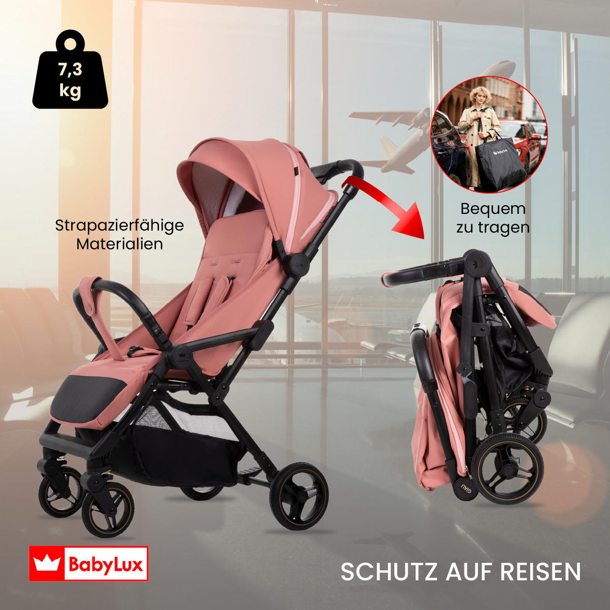 BUGGY Giau, Klein und Leicht, Teleskopische Führung, Kompakt Faltbar, Wickeltasche, Reisetasche - Schwarz/Rosa, Textil/Metall (58/98cm) - BabyLux