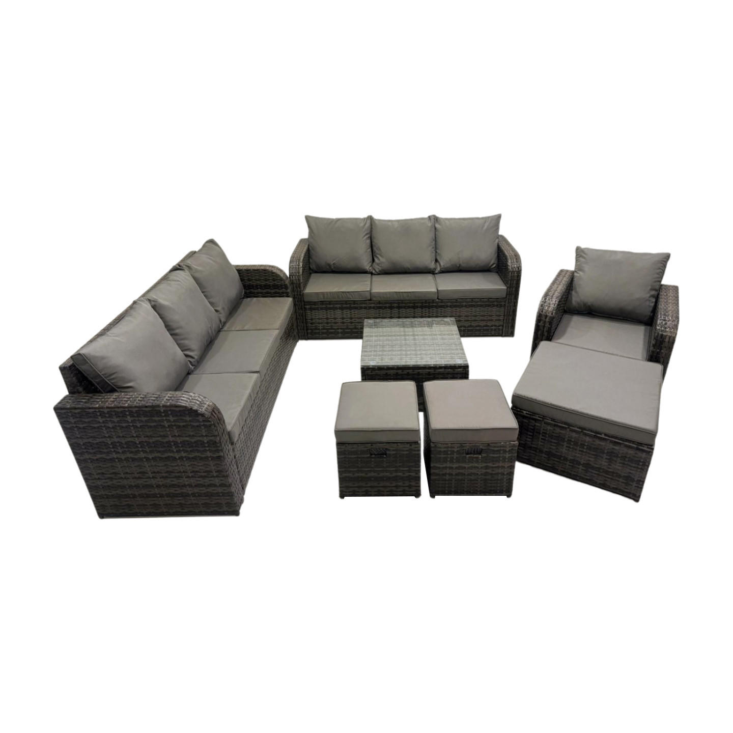GARTENMÖBEL SET mit 3-SITZER SOFA Polyrattan Dunkelgrau 10-Sitzer - Dunkelgrau/Grau, Glas/Kunststoff - Fimous