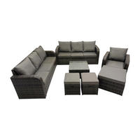 GARTENMÖBEL SET mit 3-SITZER SOFA Polyrattan Dunkelgrau 10-Sitzer - Dunkelgrau/Grau, Glas/Kunststoff - Fimous