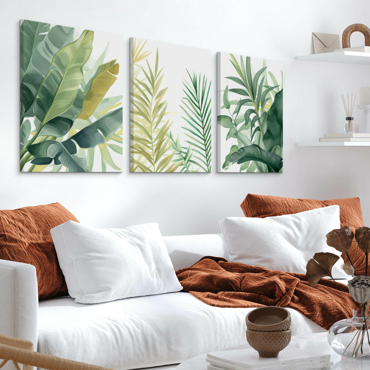LEINWANDBILDER 3-es Set Tropisch Blätter - Beige/Weiß, Textil (90/40cm) - Muralo