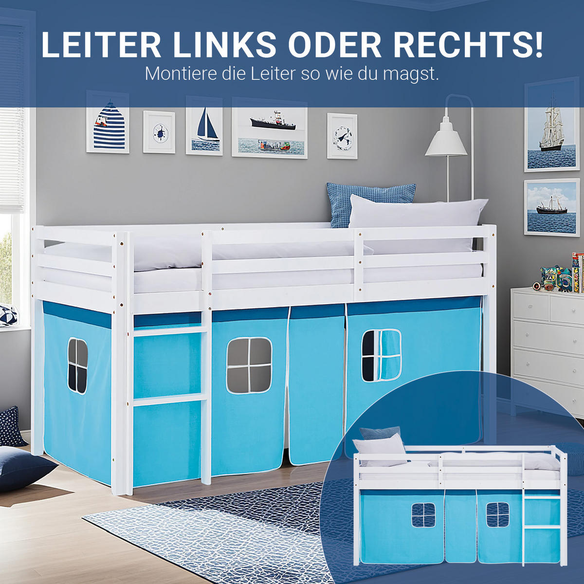 HOCHBETT 90/200 cm in weiß mit Matratze + Lattenrost + Bettvorhang Blau - Blau/Pastellblau, Holz/Textil (90/200cm) - Homestyle4u
