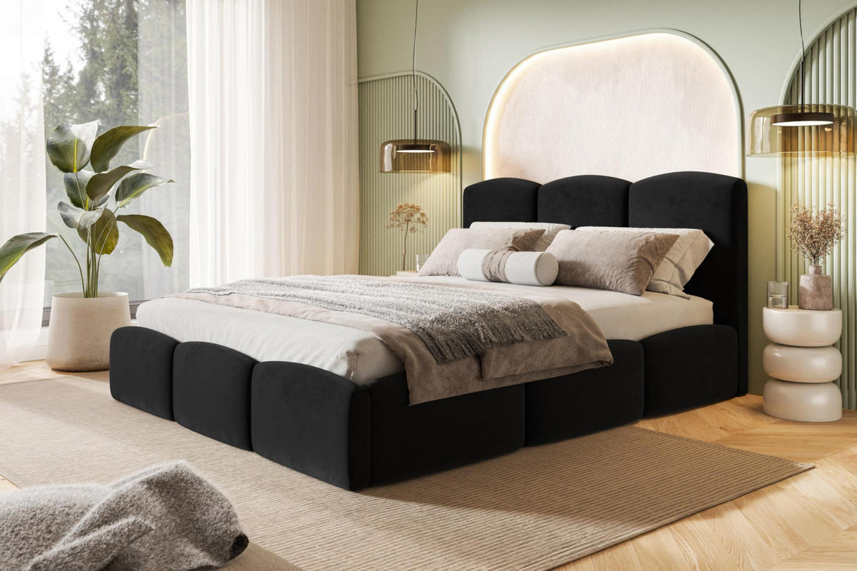 BETT 90x200 - Polsterbett mit Bettkasten und Metallrahmen - Modern Betten - Weicher Jasminstoff - Kollektion Zoya - Schwarz - Schwarz, Holz/Textil (90/200cm) - Alpi-Möbel