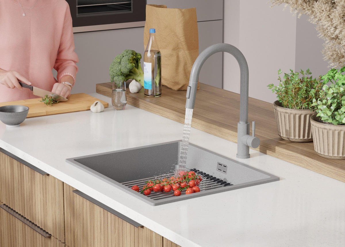 GRANITSPÜLE Praga Slim, 2-er set Grau 56/47 cm 1 Becken + Küchenarmatur 38/14 cm + Ablauf-Set + Aufrollbare Abtropffläche ab 60er Unterschrank - Chromfarben/Grau, Kunststoff (56/20/47cm) - Primagran