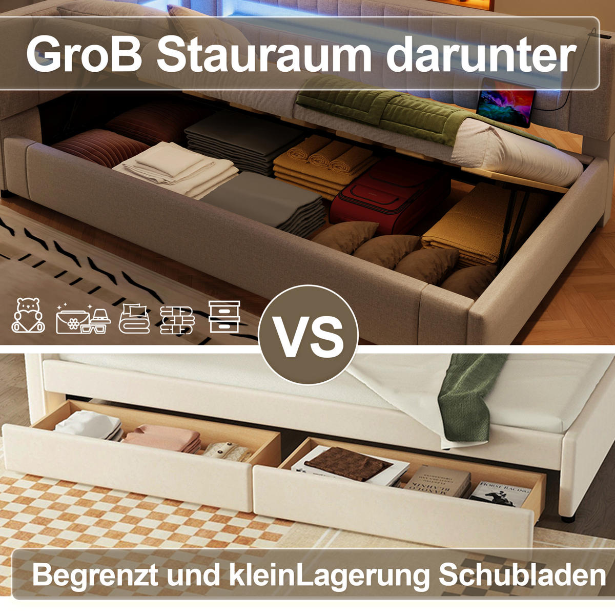 POLSTERBETT 90/200 cm aus MDF und Sperrholz mit Leinenbezug LED-Beleuchtung und Stauraum Grau - Grau, Holzwerkstoff (90/200cm) - Modenvie