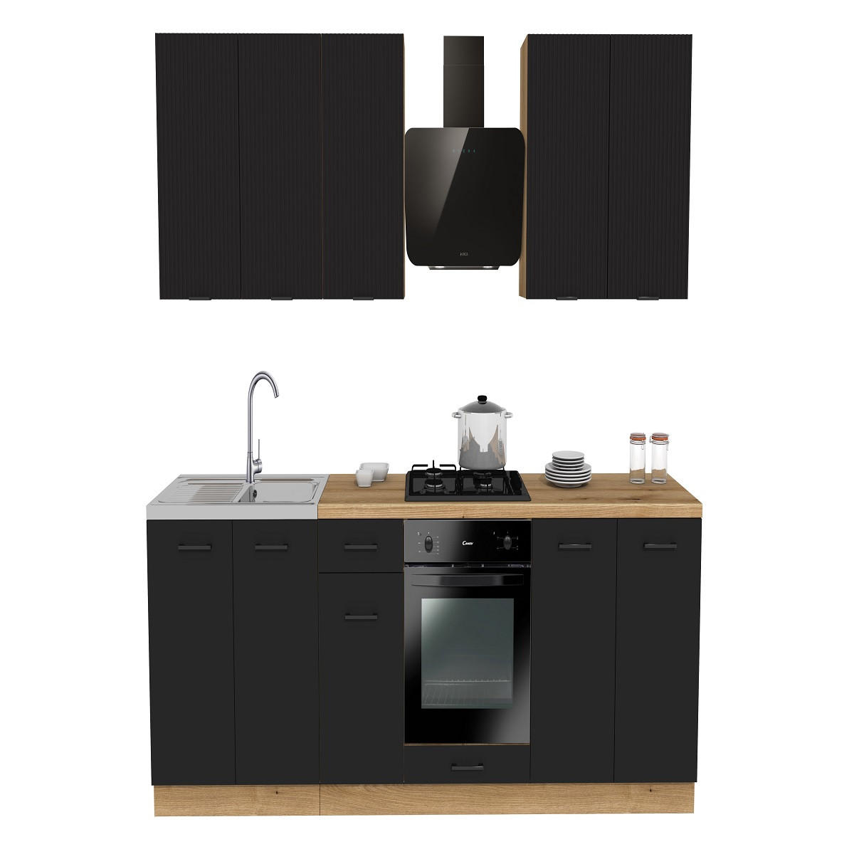 KÜCHENZEILE 260 cm mit Arbeitsplatte - SIMPLY Z8 - in Schwarz Matt / Rille / Eiche - Eichefarben/Schwarz, Holz (260/212/53cm)