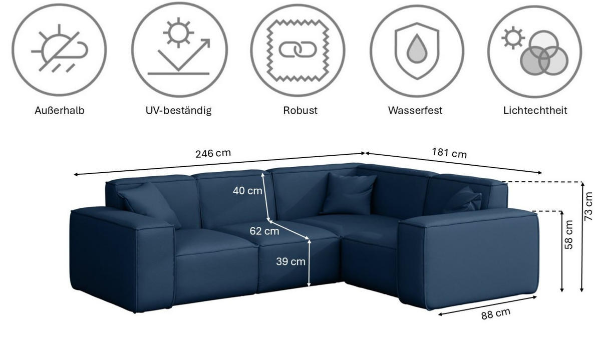 GARTENECKSOFA L-form MALIBU Stoff Odyssey Marineblau Rechts - Blau, Holz (246/73/181cm) - Kaiser Möbel