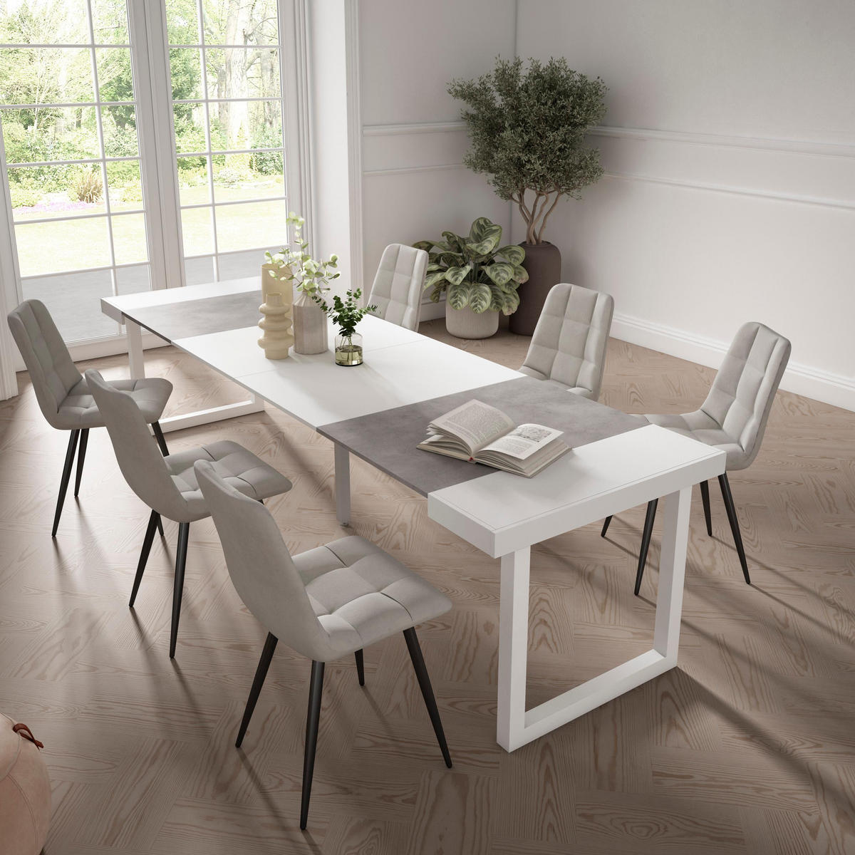 KONSOLENTISCH ausziehbar 58 bis 302cm, für 14 Gäste, weiß zementgrau, 90/58/73cm - Weiß/Grau, Holzwerkstoff (90/302/73cm) - Skraut Home