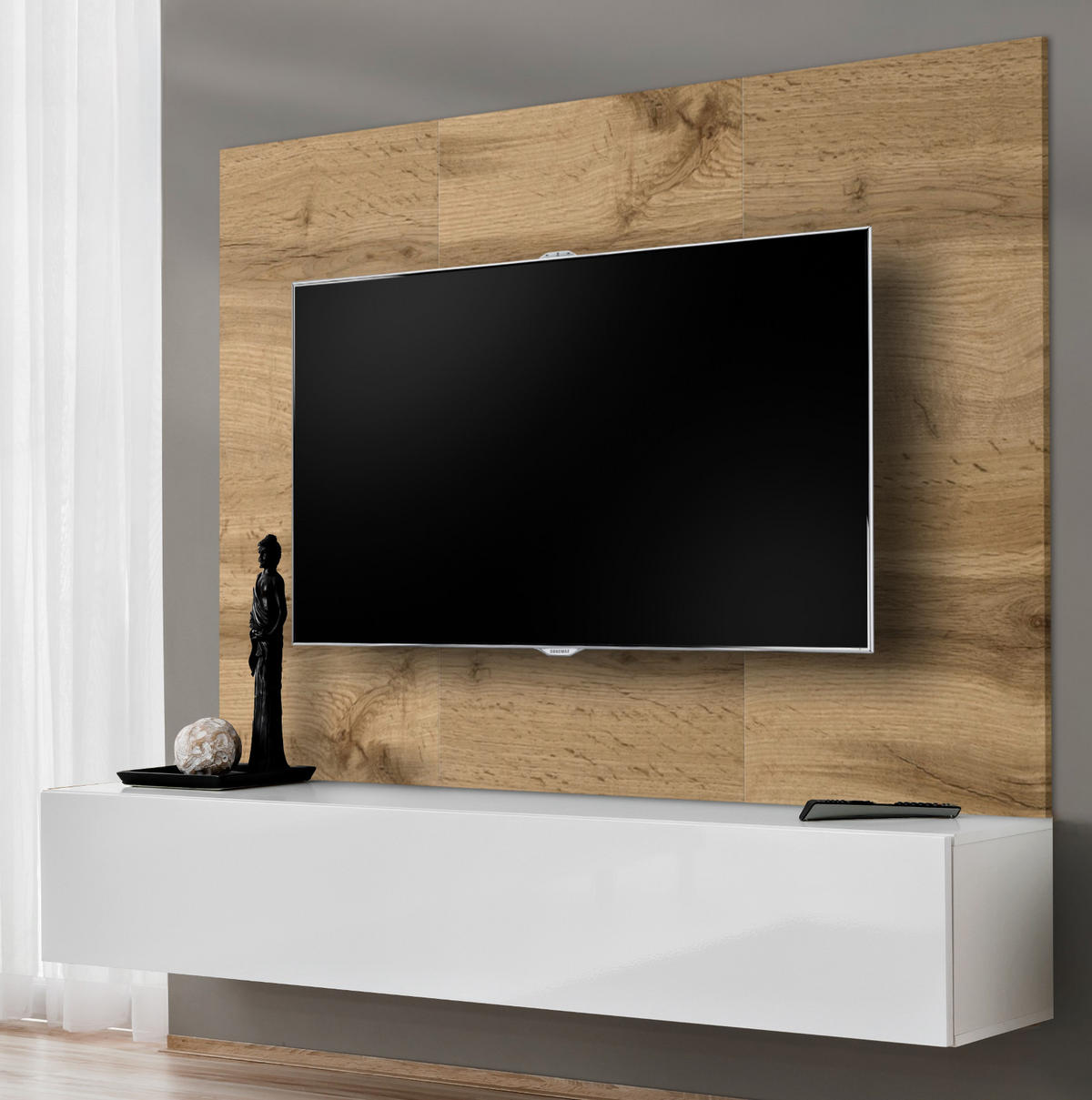TV-LOWBOARD Eiche Wotan und weiß 180 cm, Set hängend inklusive Akustikpaneel - Eiche Wotan/Weiß, Holzwerkstoff (180/148/40cm) - Inn.Furn