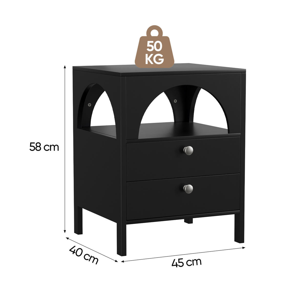 NACHTTISCH aus MDF mit 2 Schubladen & offenem Fach, 45/40/58 cm, Schwarz - Schwarz, Holzwerkstoff (40/58/45cm) - Redom