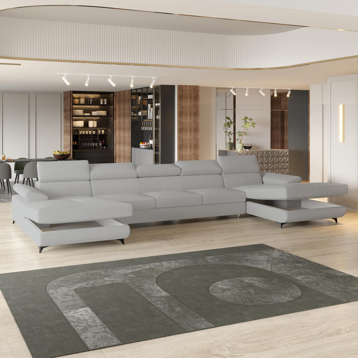 WOHNLANDSCHAFT VIVENTE Hellgrau Boucle-Stoff mit Schlaffunktion - Hellgrau, Holz (410/89/190cm) - MASSENO