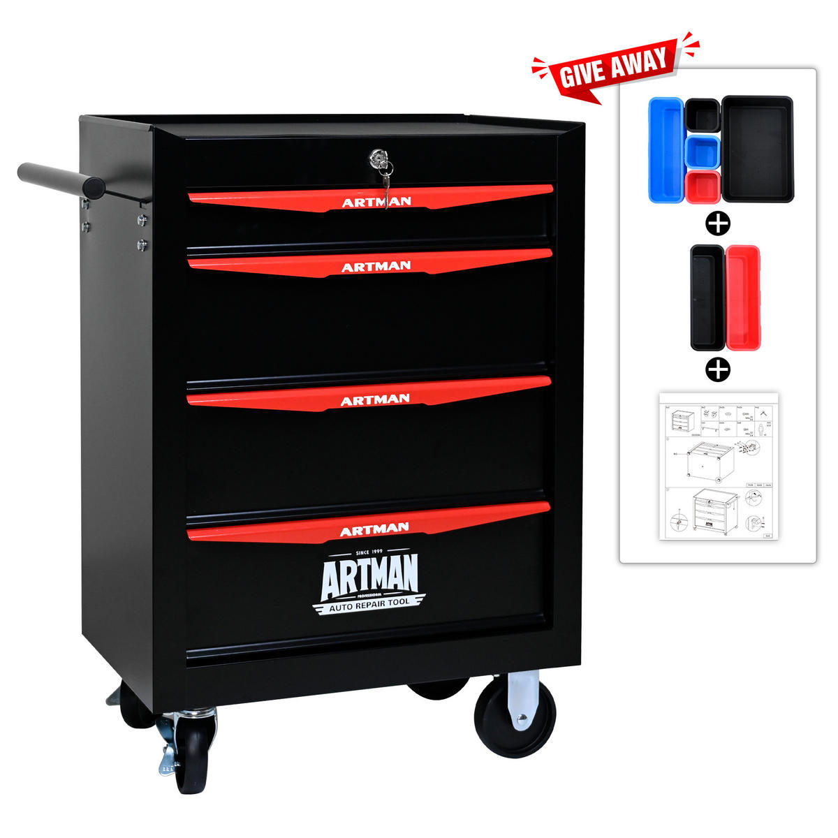 KOMBINATIONS-WERKZEUGKASTEN – 4 Schubladen – 508 mm (20 Zoll) – Farbgebung: Schwarz und Rot - Multicolor, Metall (33/77.5/60cm) - DCA