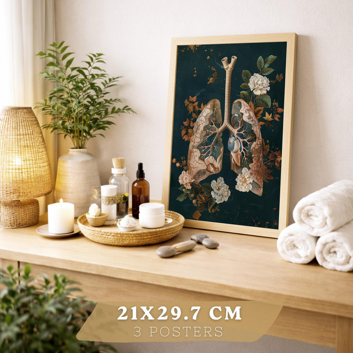 POSTER Set aus 3 Anatomie Mensch Drucke und Wandbilder mit Herz Atmungssystem und Skelett Botanischer Stil Wanddekoration Größe Rahmenlos A4 - Klar, Papier (21/29.7/3cm) - Nacnic