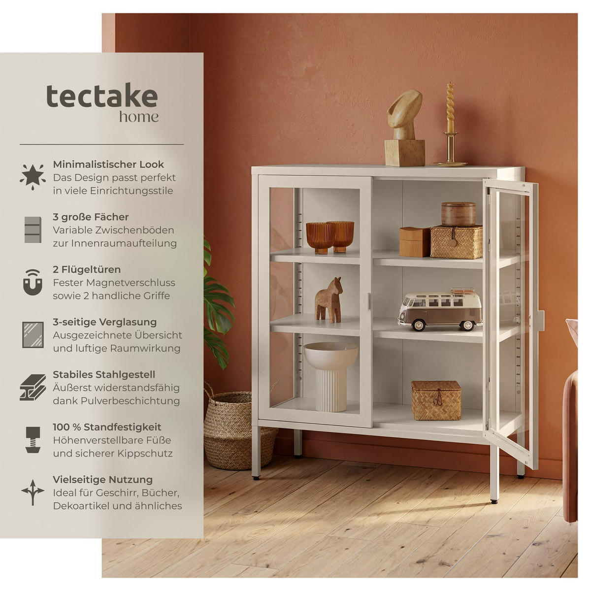 METALLVITRINE Baker, Kippschutz, höhenverstellbare Füße, taupe - Taupe, Metall (80/90.5/37cm) - tectake