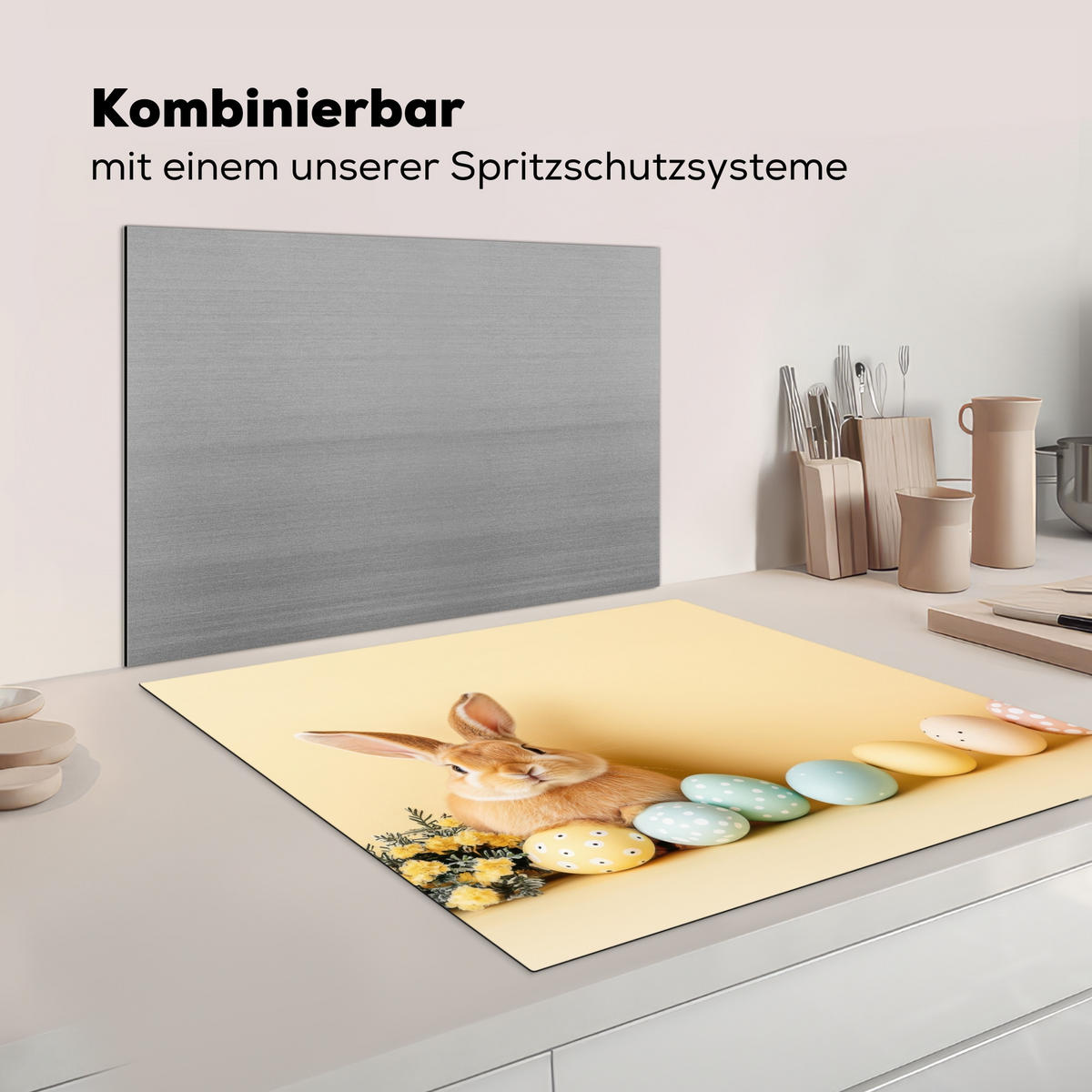 HERDABDECKPLATTE Eier - Kaninchen - Pastellfarbtöne Induktionsmatte 78x78 cm - Hellgelb, Kunststoff (78/78/0.2cm) - MuchoWow