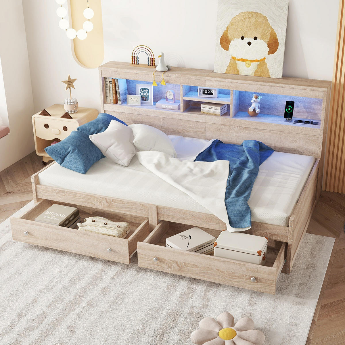 TAGESBETT 90/200 cm Natur aus Spanplatte und MDF mit LED-Ambientebeleuchtung und USB-Ladefunktion - Naturfarben, Holzwerkstoff (90/200cm) - OKMYHOME