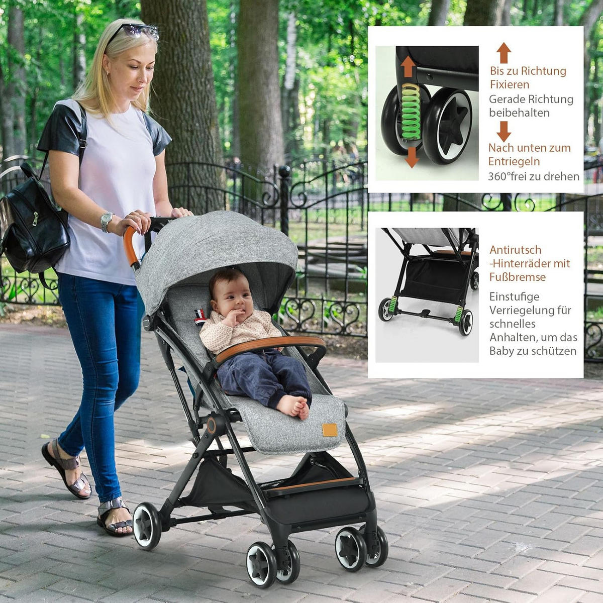 KINDERWAGEN einhand faltbar Grau - Grau, Metall (41/72/96.5cm) - COSTWAY