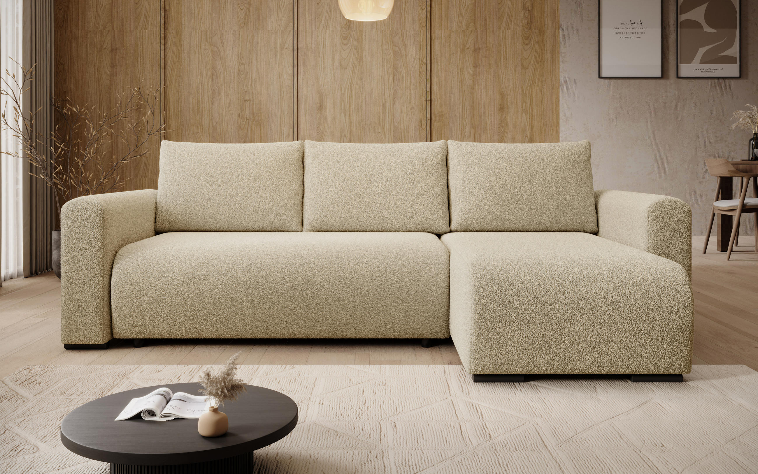 ECKSOFA DORA L, Eckcouch in L-Form mit Schlaffunktion und Bettkasten, Farbe: Creme, Bouclé-Stoff, Ottomane Rechts - Creme, Textil (240/143cm) - Storez24
