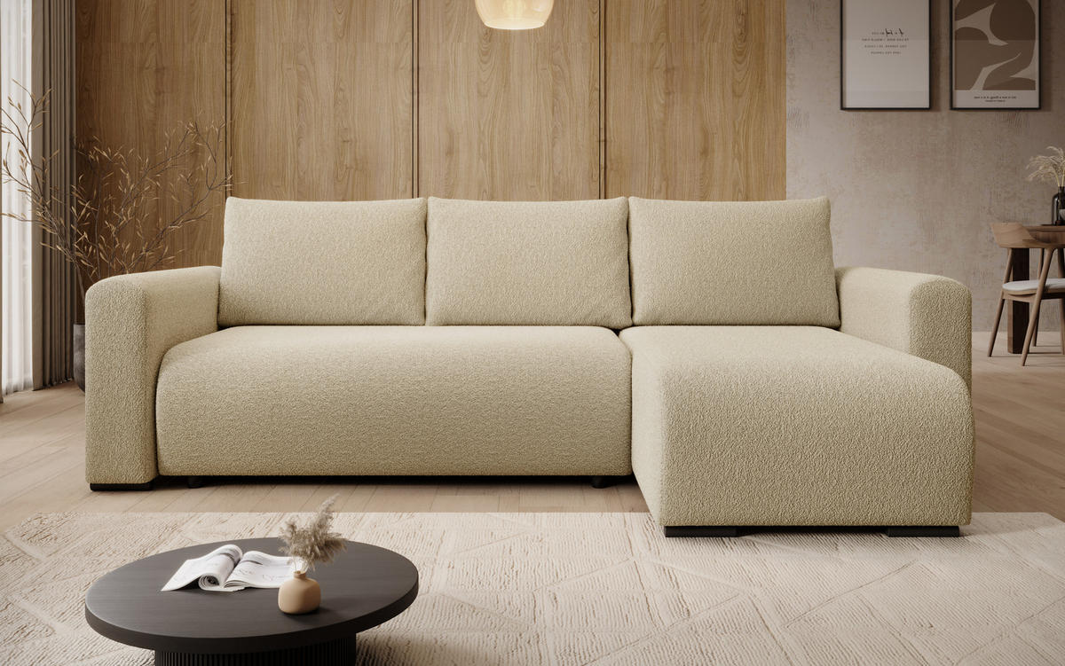 ECKSOFA DORA L, Eckcouch in L-Form mit Schlaffunktion und Bettkasten, Farbe: Creme, Bouclé-Stoff, Ottomane Rechts - Creme, Textil (240/143cm) - Storez24
