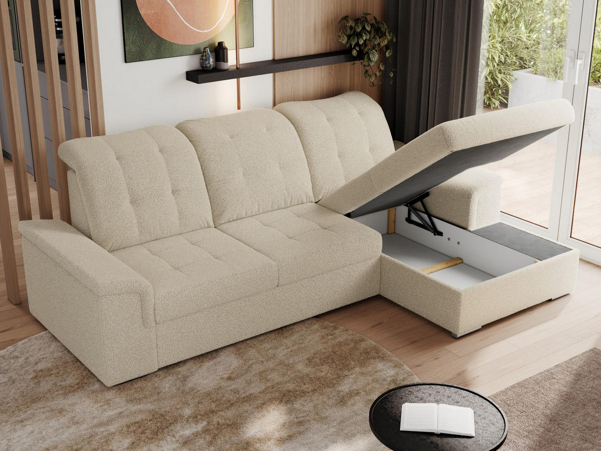ECKSOFA MADRITO L - Beige Boucle - Rechts - Beige/Silberfarben, Textil/Metall (256/160cm)