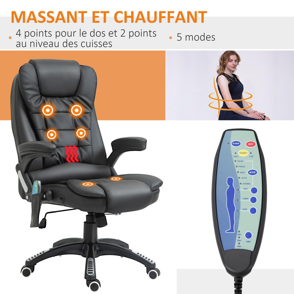 CHEFSESSEL DE-11659 elektrische Massage- & Heizfunktion Schwarz - Schwarz, Metall (68/121/62cm) - ComfortXL