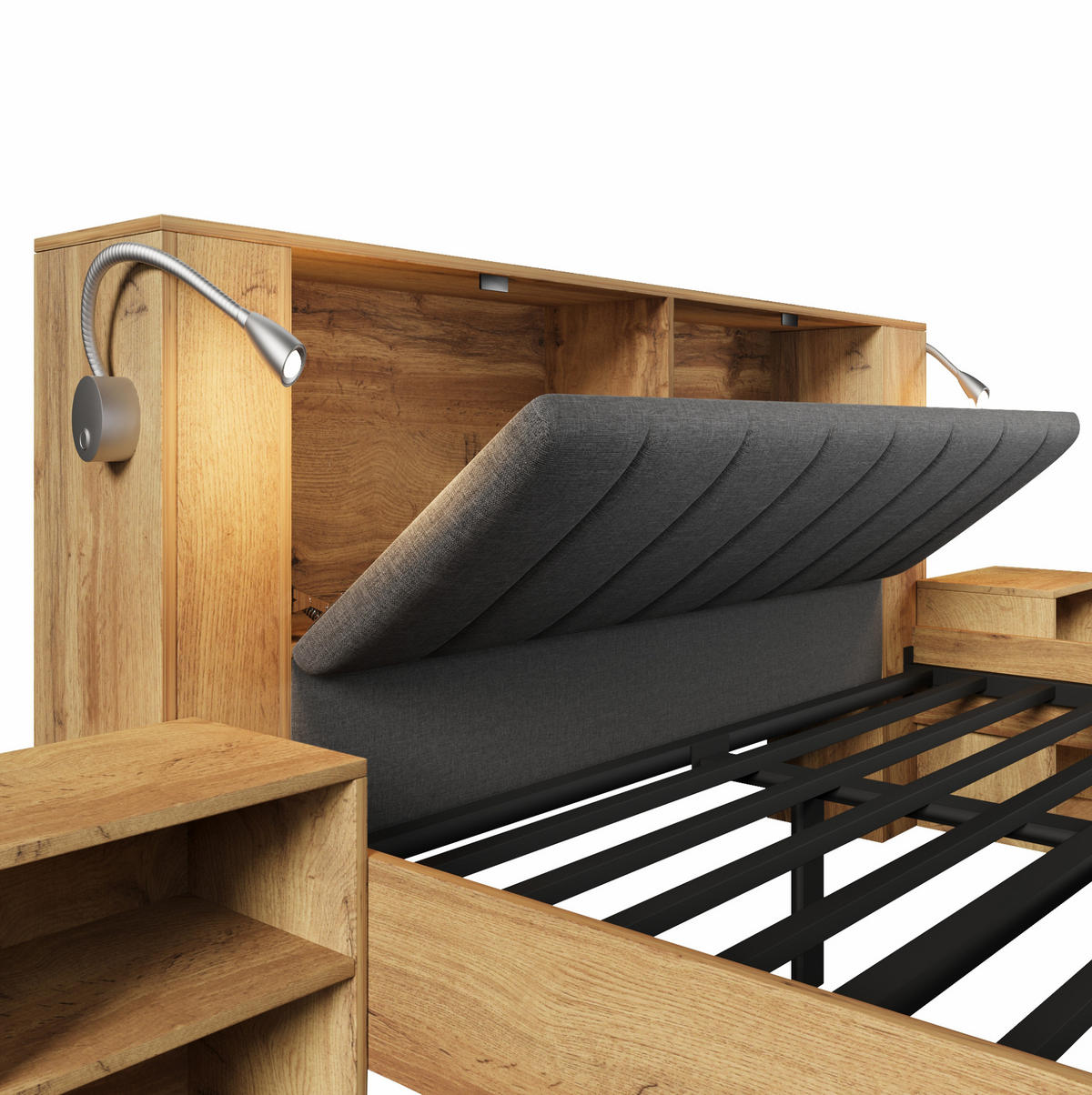 BETT 180/200 cm in Eiche mit Nachttischen, Bettbank und USB-Leselampen - Eichefarben, Holzwerkstoff (180/200cm) - Flora Grace
