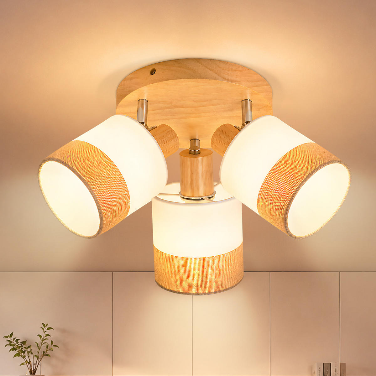 DECKENSTRAHLER Morvric 20/20/21 cm - Braun/Weiß, Holz/Textil (20/20/21cm) - ZMH