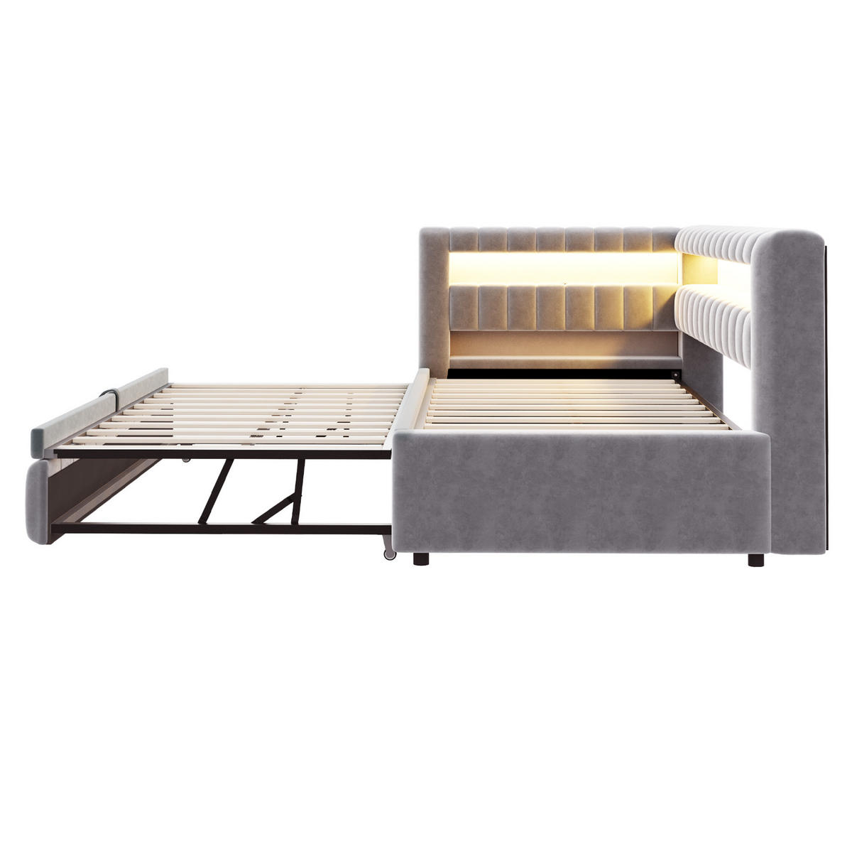 POLSTERBETT 90/200 cm aus Samt mit LED-Beleuchtung und Ladeanschluss, Hellgrau - Hellgrau, Textil (90/200cm) - OKMYHOME