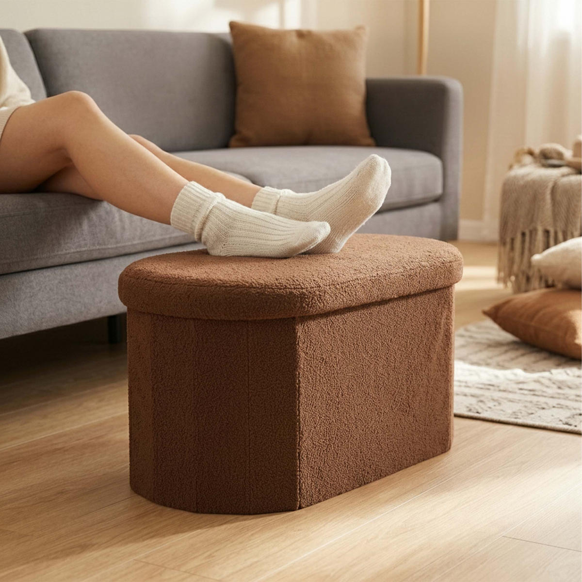 LAVICE Tmavě hnědá s úložným prostorem teddy čalounění 76 cm - tmavě hnědá, kompozitní dřevo/textil (76/38/38cm) - Relaxdays