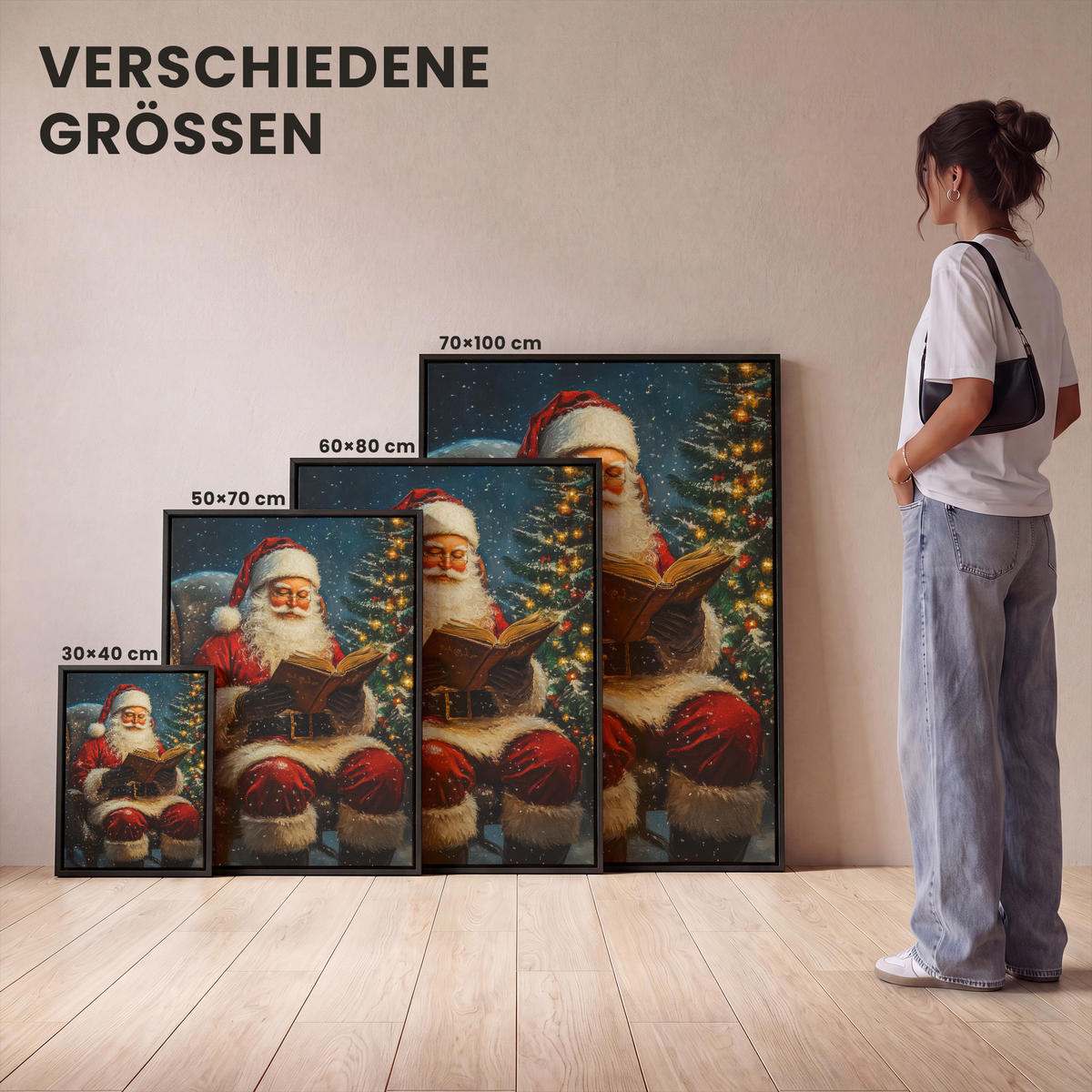 LEINWAND Bilder mit Rahmen - Weihnachtsmann - Weihnachten - Winter - Weihnachtsbaum - 50x70 - Bordeaux, Textil (50/70cm) - MuchoWow