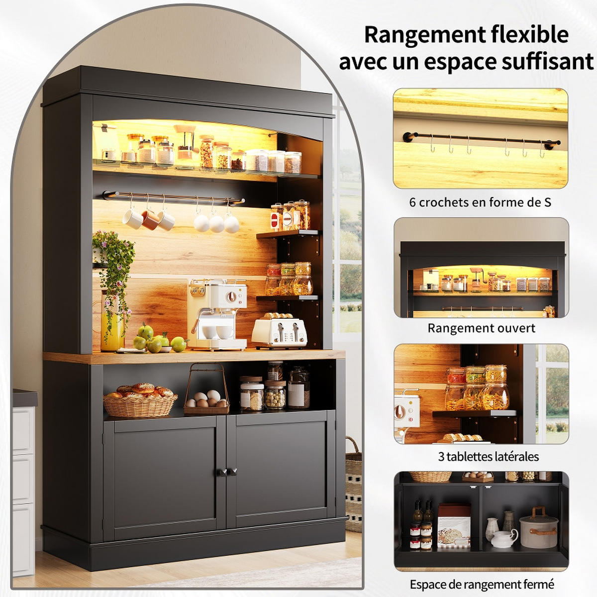 KÜCHENSCHRANK MIT LED-BELEUCHTUNG, Anrichte, MDF, Schwarz, 107/184/43 cm - Schwarz, Kunststoff (47/104/184cm) - Rolipo