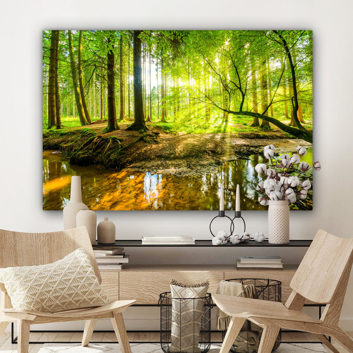 LEINWANDBILD Wald - Landschaft - Wasser - Bäume - Sonne - Grün - Natur Wohnzimmer 120x80 cm - Grün, Textil (120/80cm) - MuchoWow