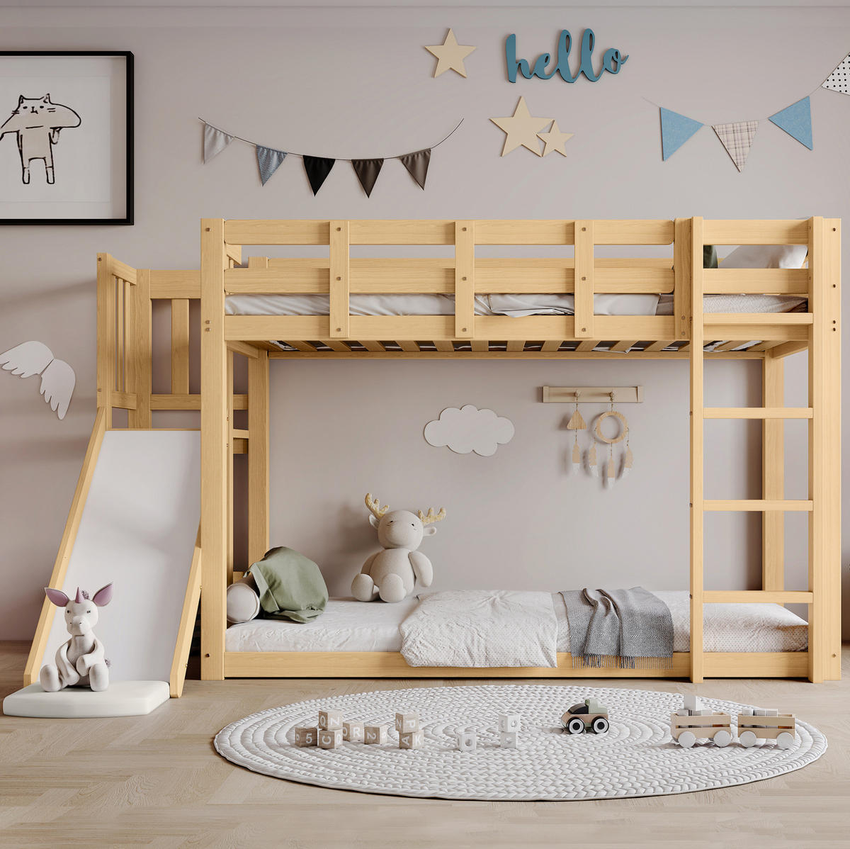 ETAGENBETT 90/200 cm aus Holz mit Treppe, Rutsche, Vorhang und Fallschutz, Natur - Naturfarben, Holz (90/200cm) - Redom