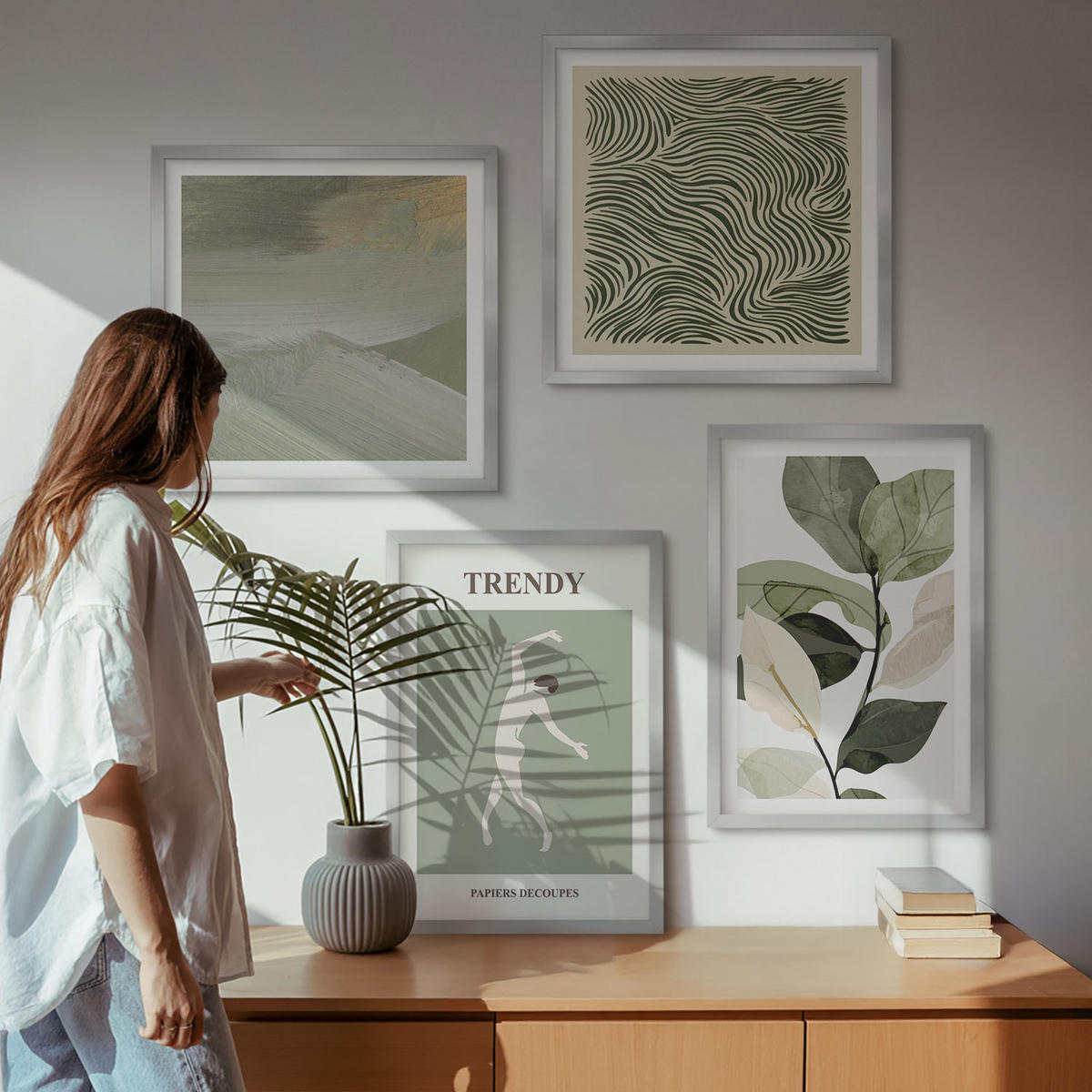 WANDBILDER 4er Set - 50x50 cm & 40x60 cm Silberner Rahmen - Abstrakte Pflanzenmuster - Silberfarben, Kunststoff (50/50cm) - ArtPrintCave