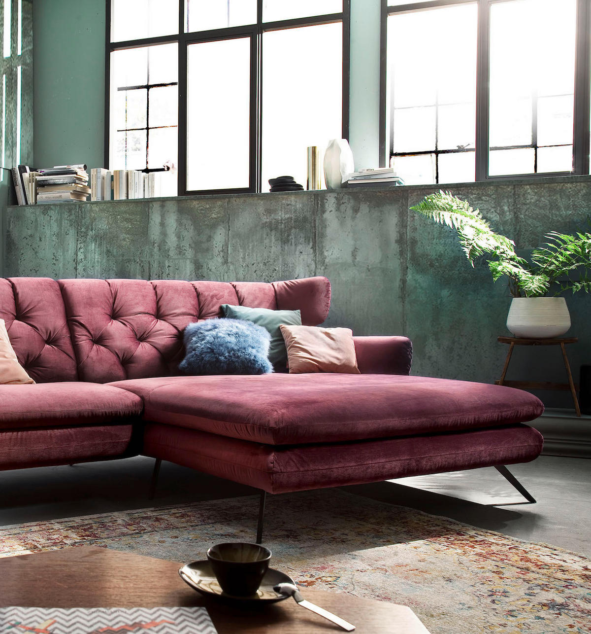 ECKSOFA CHARME Pink Velvet - Pink/Schwarz, Textil (300/175cm) - KAWOLA