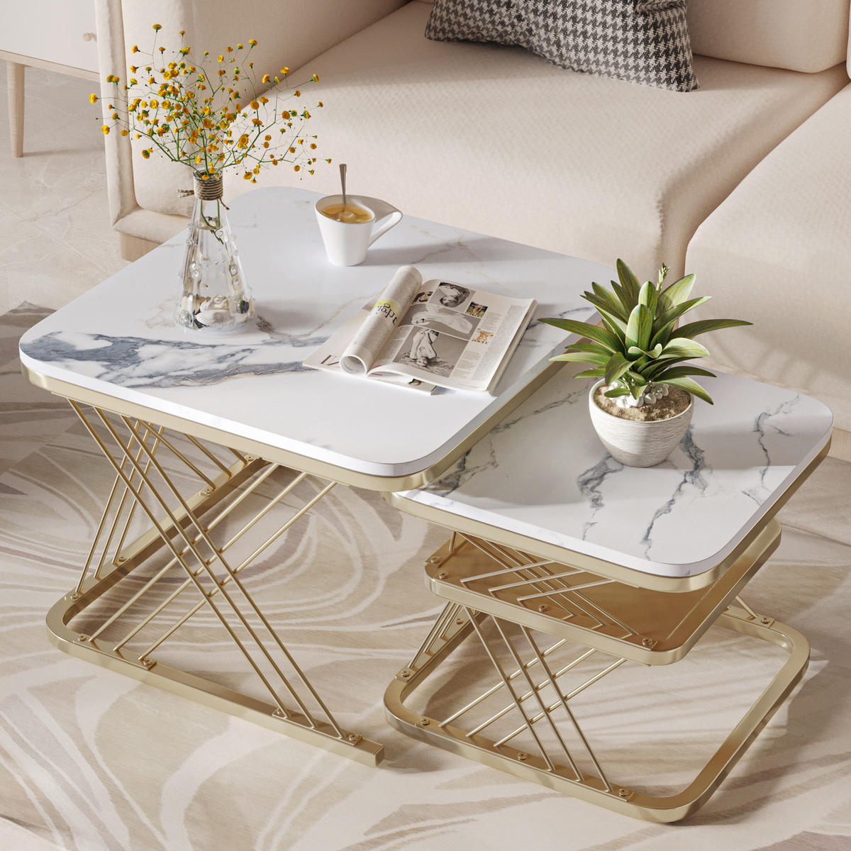 COUCHTISCH 2er Set Beistelltisch Eckig, Gold - Goldfarben, Metall (60/60/45cm)