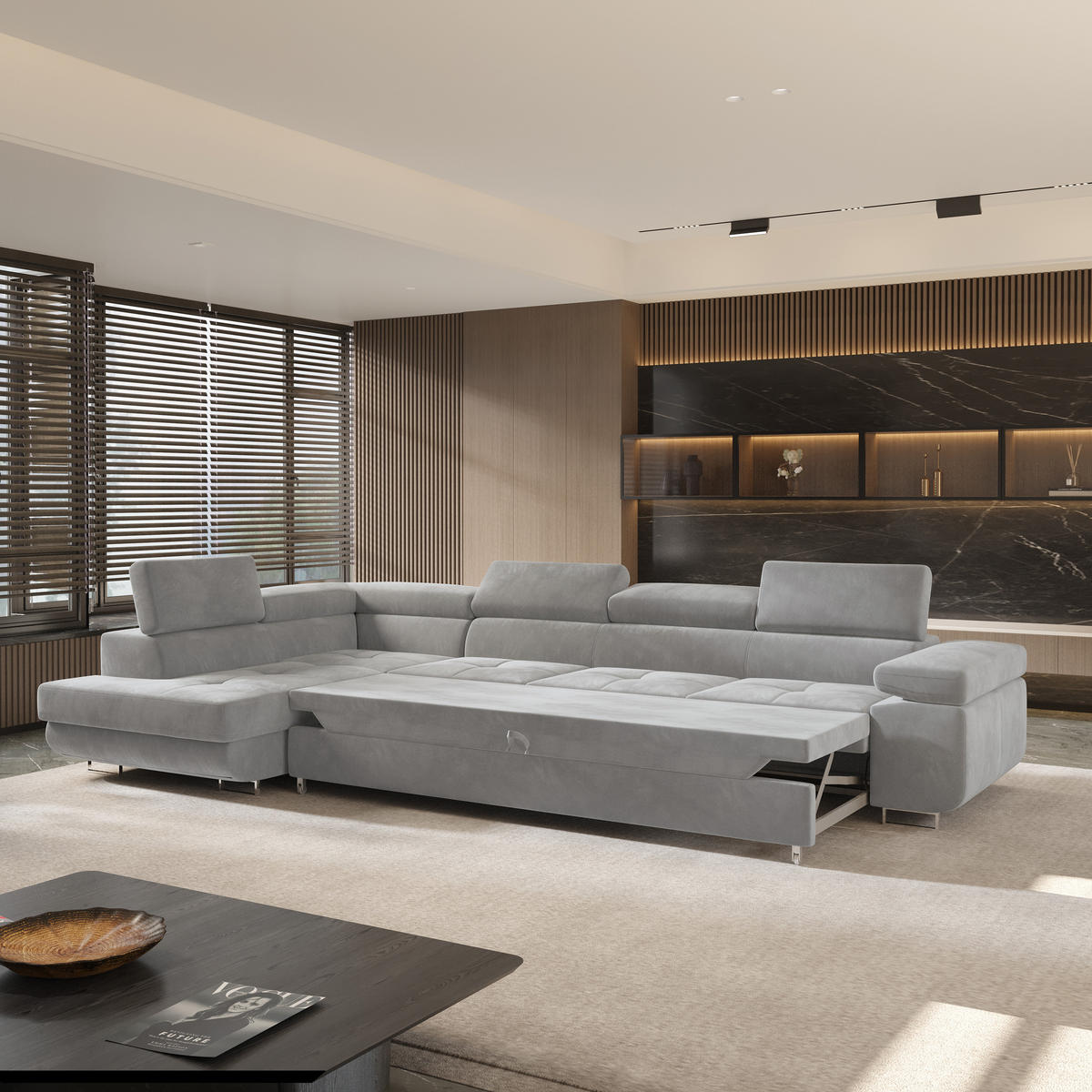 ECKSOFA VICENTE Hellgrau Velours-Stoff mit Schlaffunktion - Hellgrau, Holz (346/202cm) - MASSENO