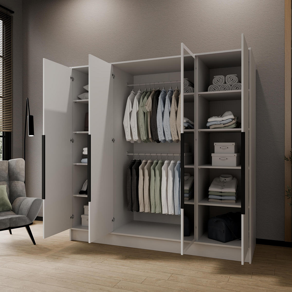 DREHTÜRENSCHRANK RENVO 200/200/51 cm Modern Kleiderschrank 4-türig mit Spiegel Weiß - Weiß, Holzwerkstoff (200/200/51cm) - MASSENO